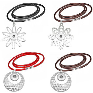 Stainless Steel  Flower Pendant Leather Chain Necklace fit 20MM chunks snaps jewelry