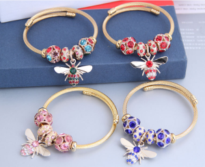 Stainless Steel Gold Adjustable Bee Shiny Diamond Ball Bracelet