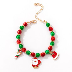 Christmas Santa Claus Bell Drop Oil Bracelet Colorful Pearl Beaded Bracelet