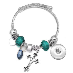 Stainless Steel Couple cross Opening Adjustable Crystal Beaded Bracelet fit snaps jewelry