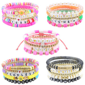 Soft Clay Set Bracelet Pink Soft Clay Smiling Face Letter Bead Bracelet Set