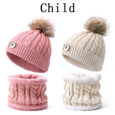 Winter Children's Neck Hat Two Piece Set Plush Ball Baby Knitted Hat Warm Wool Plush Thickened Neck Cover fit 20MM Snaps button jewelry wholesale