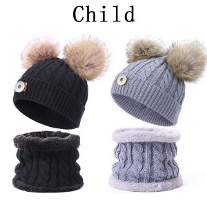 Winter Children's Neck Hat Two Piece Set Plush Ball Baby Knitted Hat Warm Wool Plush Thickened Neck Cover fit 20MM Snaps button jewelry wholesale
