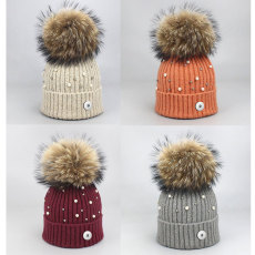 Pearl wool hat, warm autumn and winter rolled edge hat, raccoon fur ball knitted hat fit 20MM Snaps button jewelry wholesale