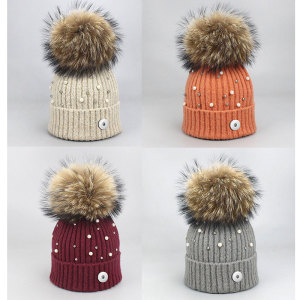 Pearl wool hat, warm autumn and winter rolled edge hat, raccoon fur ball knitted hat fit 20MM Snaps button jewelry wholesale