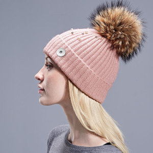 Pearl wool hat, warm autumn and winter rolled edge hat, raccoon fur ball knitted hat fit 20MM Snaps button jewelry wholesale