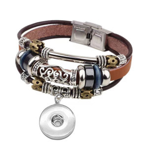 Genuine leather beaded woven bracelet fit 20mm snaps  jewelry