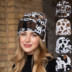 Cow patterned wool hat for outdoor skiing in autumn and winter, warm knit hat fit 20MM Snaps button jewelry wholesale