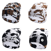 Cow patterned wool hat for outdoor skiing in autumn and winter, warm knit hat fit 20MM Snaps button jewelry wholesale