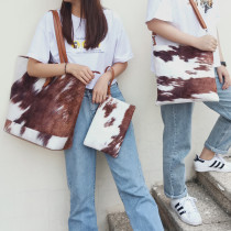 PU Cotton Plush Super Soft Cow Pattern Three Piece Makeup Handbag Fashion One Shoulder Handbag