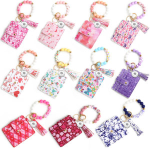 Valentine's Day Love PU Card Bag Silicone Keychain Printed Wallet fit  20MM Snaps button jewelry wholesale