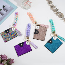 Diamond Inlaid Zero Wallet Macaron Color Chain Card Bag PU Leather Wallet Leopard Pattern Dot Diamond Card Bag Keychain fit  20MM Snaps button jewelry wholesale