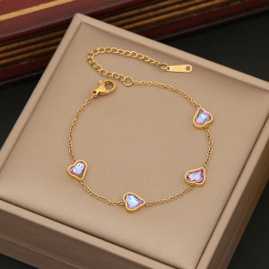 Stainless steel purple heart butterfly flower glass diamond bracelet