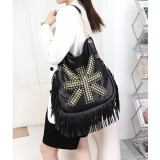 Rivet soft leather tassel bag, hand-held single shoulder diagonal cross large bag