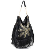 Rivet soft leather tassel bag, hand-held single shoulder diagonal cross large bag