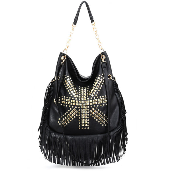 Rivet soft leather tassel bag, hand-held single shoulder diagonal cross large bag