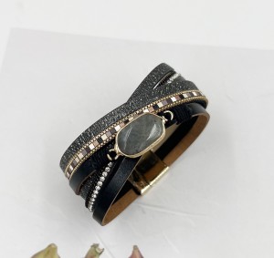 Multi layer PU leather pure natural hexagonal stone magnetic buckle bracelet with small floral style green pine multi row metal bracelet