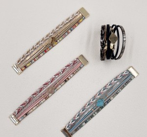 Multi layer PU leather pure natural hexagonal stone magnetic buckle bracelet with small floral style green pine multi row metal bracelet