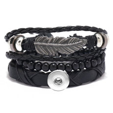 Simple Handwoven Alloy Feather Leather Bracelet Set of 3 Bracelets fit 20mm snaps  jewelry
