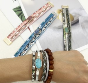 Multi layer PU leather pure natural hexagonal stone magnetic buckle bracelet with small floral style green pine multi row metal bracelet