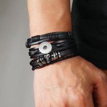 Creative DIY Three piece Combination Leather Bracelet Handwoven Multi layer Halloween Skull Bracelet fit 20mm snaps  jewelry