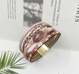 Multi layer PU leather pure natural hexagonal stone magnetic buckle bracelet with small floral style green pine multi row metal bracelet