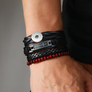 Simple handmade woven cross leather bracelet set of 4 pieces with a combination bracelet fit 20mm snaps  jewelry