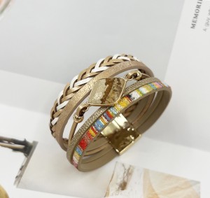 Multi layer PU leather pure natural hexagonal stone magnetic buckle bracelet with small floral style green pine multi row metal bracelet