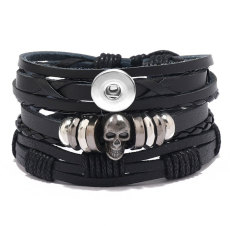 Creative DIY Three piece Combination Leather Bracelet Handwoven Multi layer Halloween Skull Bracelet fit 20mm snaps  jewelry