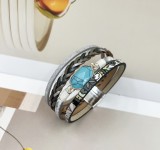 Multi layer PU leather pure natural hexagonal stone magnetic buckle bracelet with small floral style green pine multi row metal bracelet