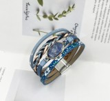 Multi layer PU leather pure natural hexagonal stone magnetic buckle bracelet with small floral style green pine multi row metal bracelet