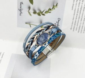 Multi layer PU leather pure natural hexagonal stone magnetic buckle bracelet with small floral style green pine multi row metal bracelet