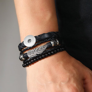 Simple Handwoven Alloy Feather Leather Bracelet Set of 3 Bracelets fit 20mm snaps  jewelry