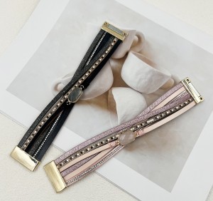 Multi layer PU leather pure natural hexagonal stone magnetic buckle bracelet with small floral style green pine multi row metal bracelet