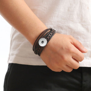 Fashionable multi-layer leather rope woven bracelet with leather alloy magnetic buckle bracelet fit 20mm snaps  jewelry