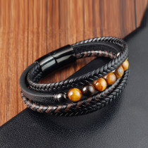 21CM Stainless steel yellow tiger stone natural stone retro punk woven leather bracelet