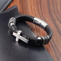 21CM Stainless steel cross vintage punk woven leather bracelet