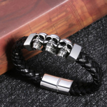 21CM Stainless steel skull retro punk woven leather bracelet