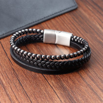21CM Stainless steel  retro punk woven leather bracelet