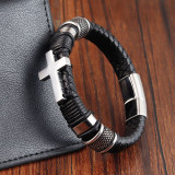 21CM Stainless steel cross vintage punk woven leather bracelet