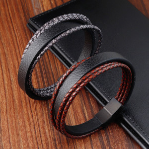 21CM Stainless steel  retro punk woven leather bracelet