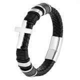 21CM Stainless steel cross vintage punk woven leather bracelet