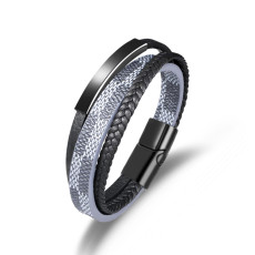 21CM Stainless steel  Multi layer woven leather magnetic buckle bracelet
