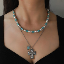 Turquoise Double layered Cross Love Necklace Earring Set