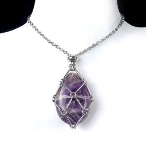 Natural crystal agate stone stainless steel chain metal bamboo mesh pocket necklace
