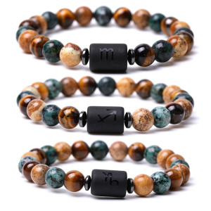 Twelve Constellations Series African Pine Picture Stone Tiger Eye Stone Mixed Beaded Weaving Bracelet