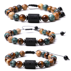 Twelve Constellations Series African Pine Picture Stone Tiger Eye Stone Mixed Beaded Weaving Bracelet