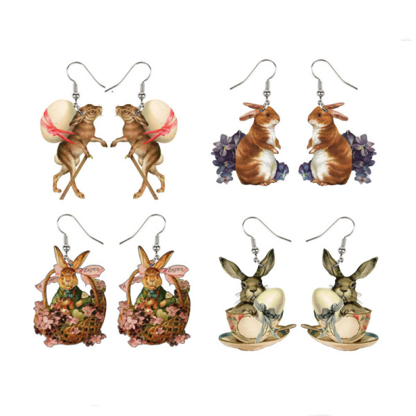 Easter Wood Vintage Chicken Rabbit Earrings