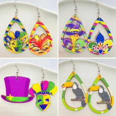 Carnival Colorful Festival Mask Water Droplet Hollow Wooden Earrings