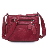 Washed soft leather multi pocket casual crossbody bag